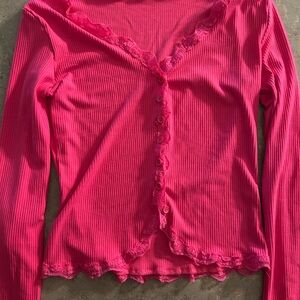 Pink Ribbed Button-Up Cardigan